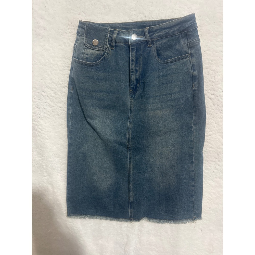 Allegra K Denim Skirt Womens Small Blue Wash Jean Frayed Hem Casual